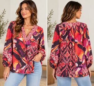 Area Womens M Pink Multicolor Silk Boho V Neck Lightweight Summer Blouse Top